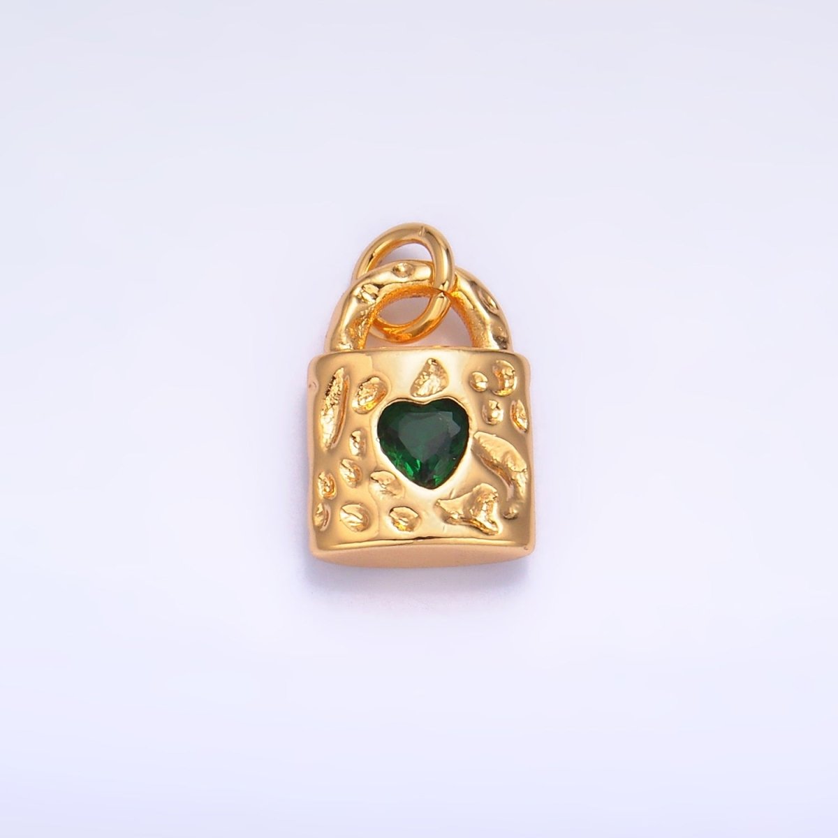 24K Gold plated Clear, Green, Pink CZ Heart Key Padlock Hammered Charm | W266 W267 - DLUXCA