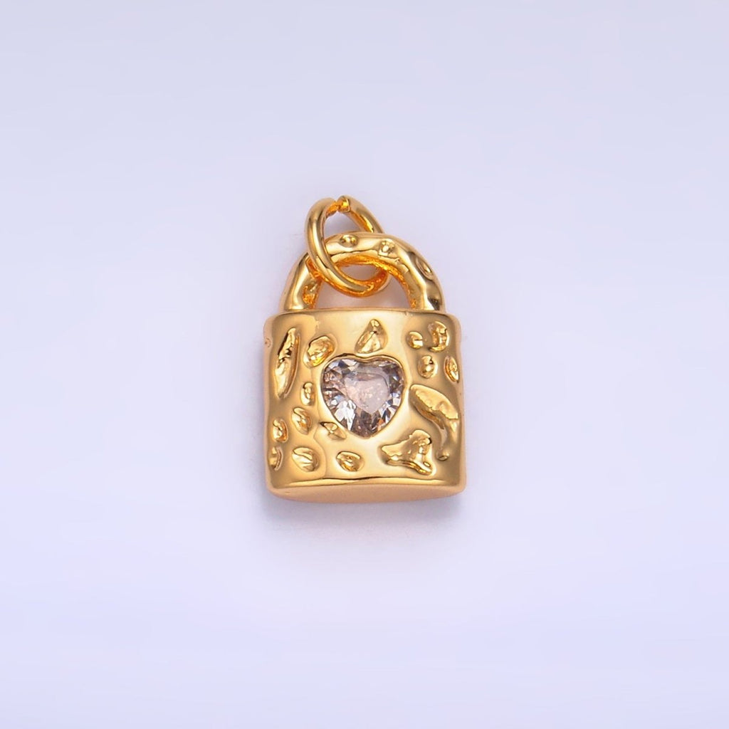 24K Gold plated Clear, Green, Pink CZ Heart Key Padlock Hammered Charm | W266 W267 - DLUXCA