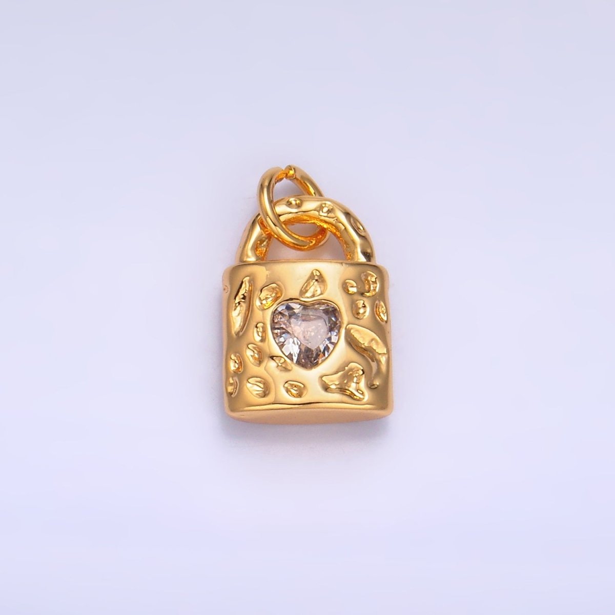 24K Gold plated Clear, Green, Pink CZ Heart Key Padlock Hammered Charm | W266 W267 - DLUXCA