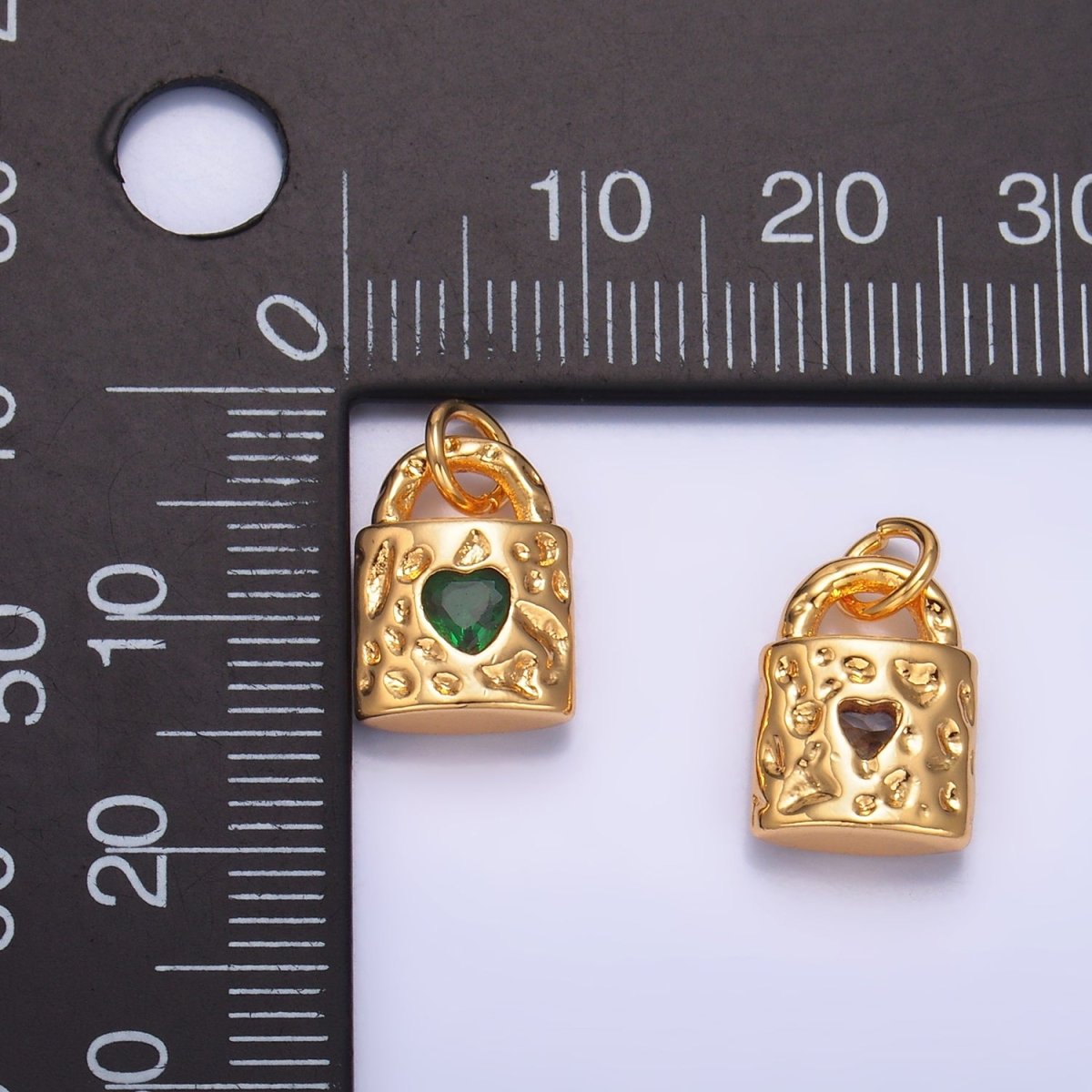 24K Gold plated Clear, Green, Pink CZ Heart Key Padlock Hammered Charm | W266 W267 - DLUXCA