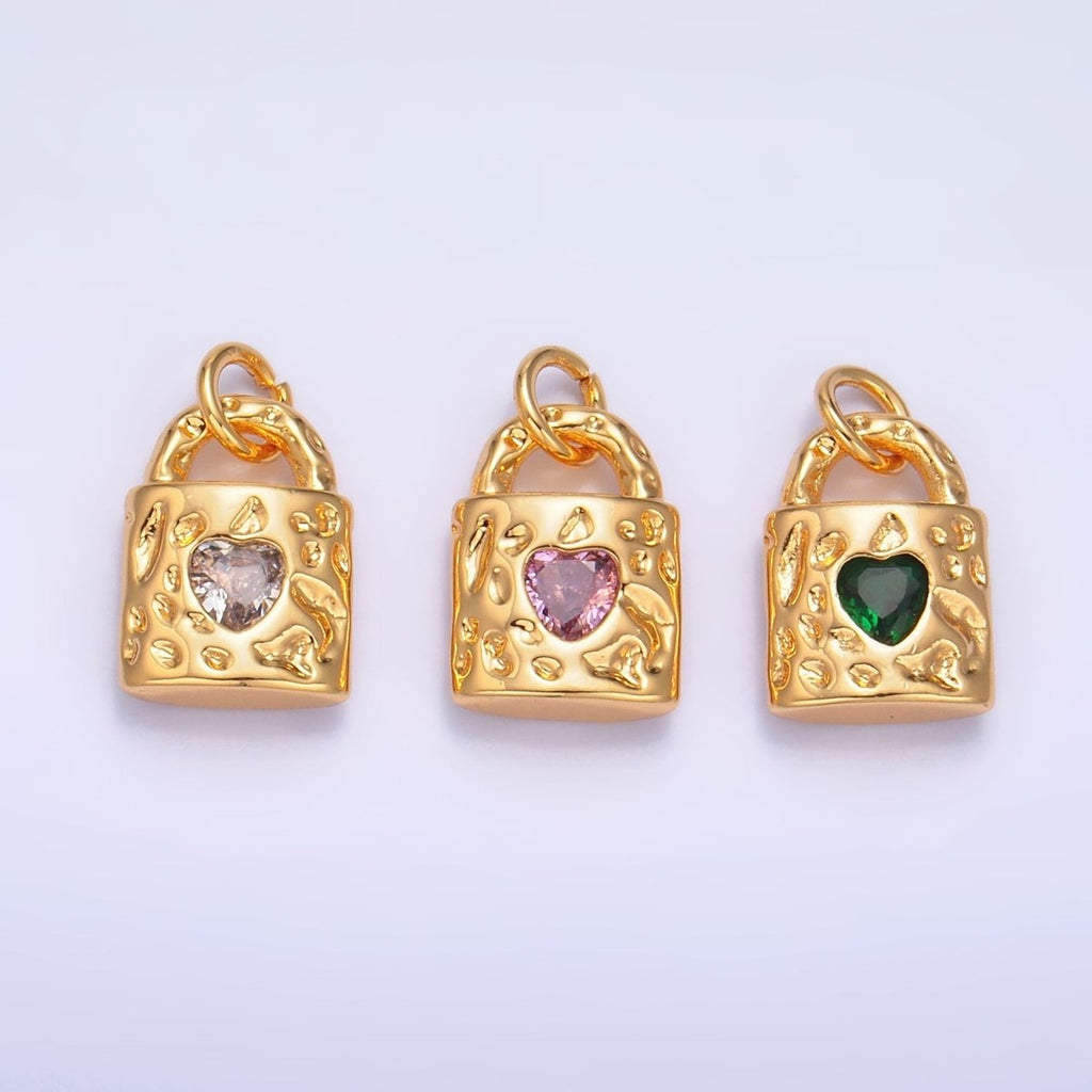 24K Gold plated Clear, Green, Pink CZ Heart Key Padlock Hammered Charm | W266 W267 - DLUXCA