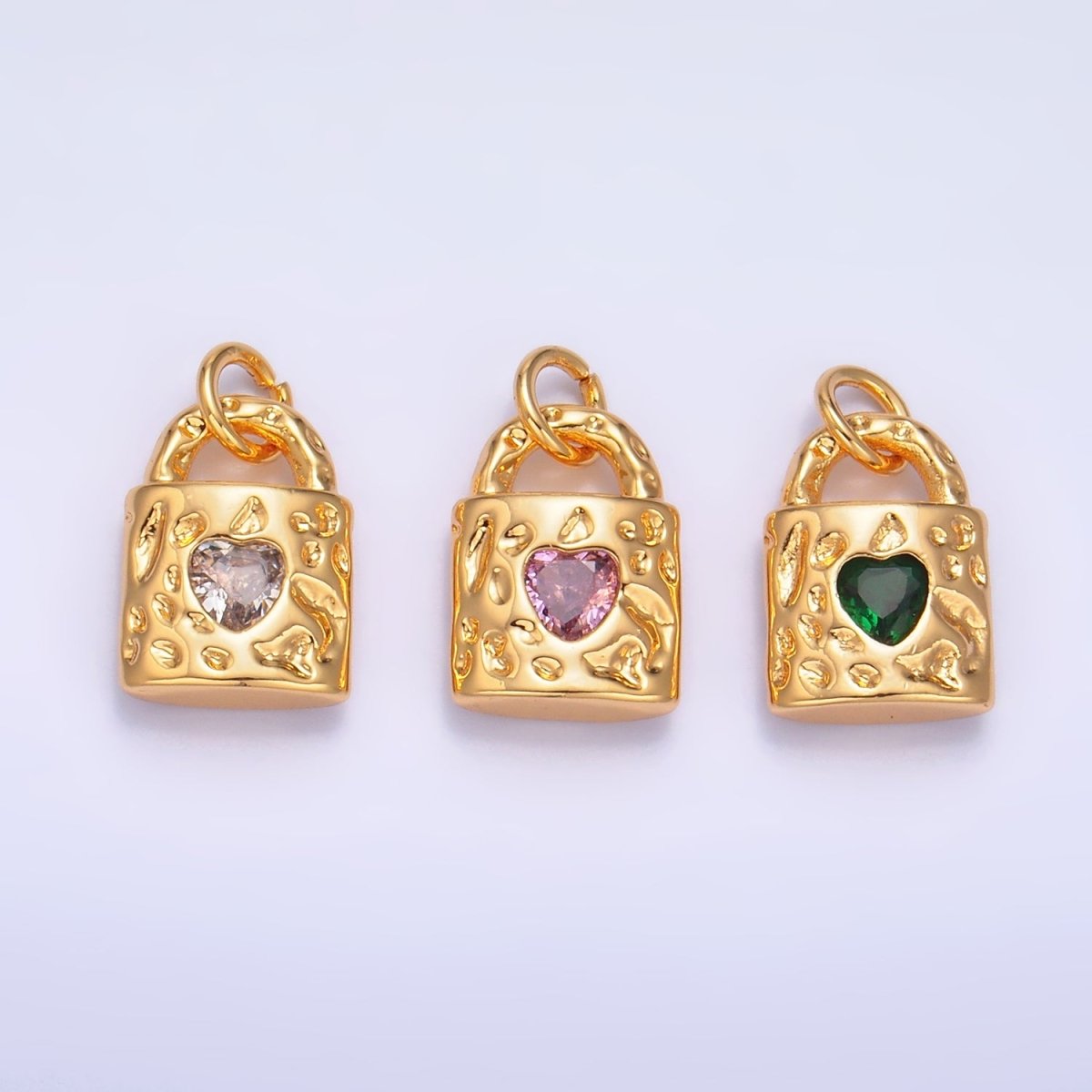 24K Gold plated Clear, Green, Pink CZ Heart Key Padlock Hammered Charm | W266 W267 - DLUXCA
