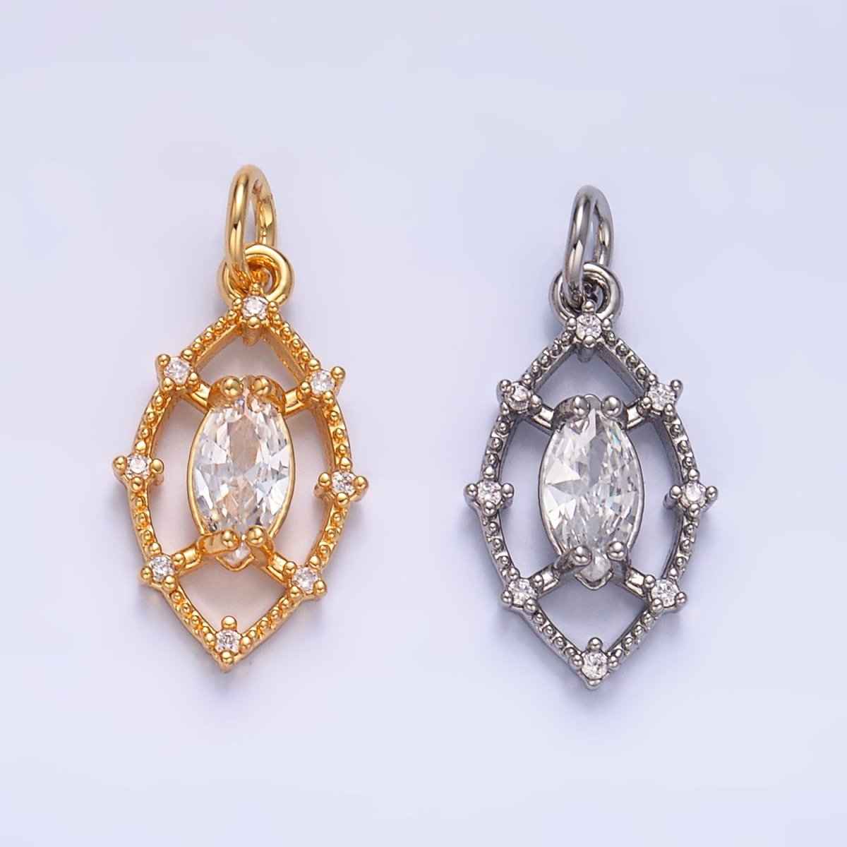 24K Gold plated Clear Marquise CZ Open Dotted Outline Geometric Charm in Gold & Silver | W417 