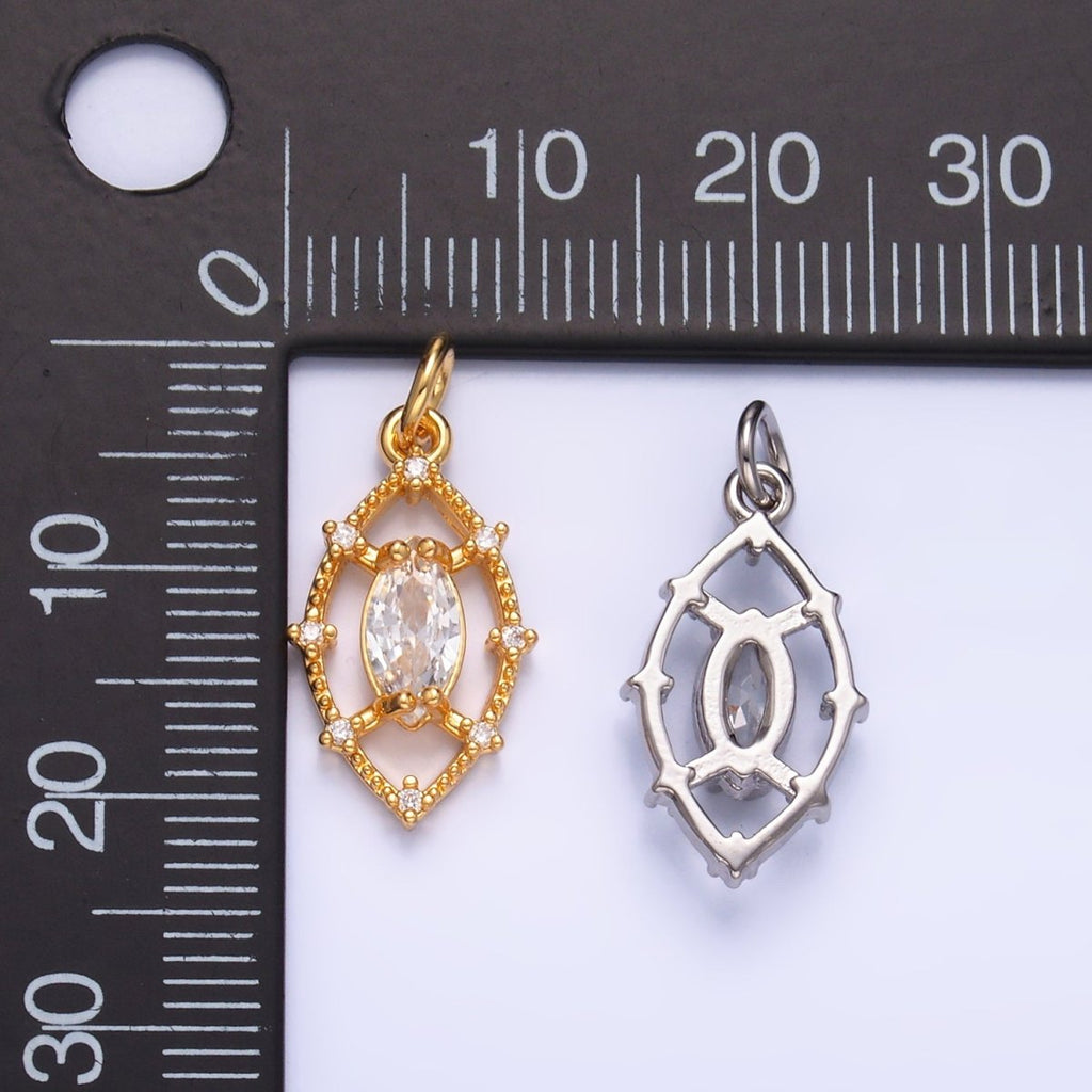 24K Gold plated Clear Marquise CZ Open Dotted Outline Geometric Charm in Gold & Silver | W417 
