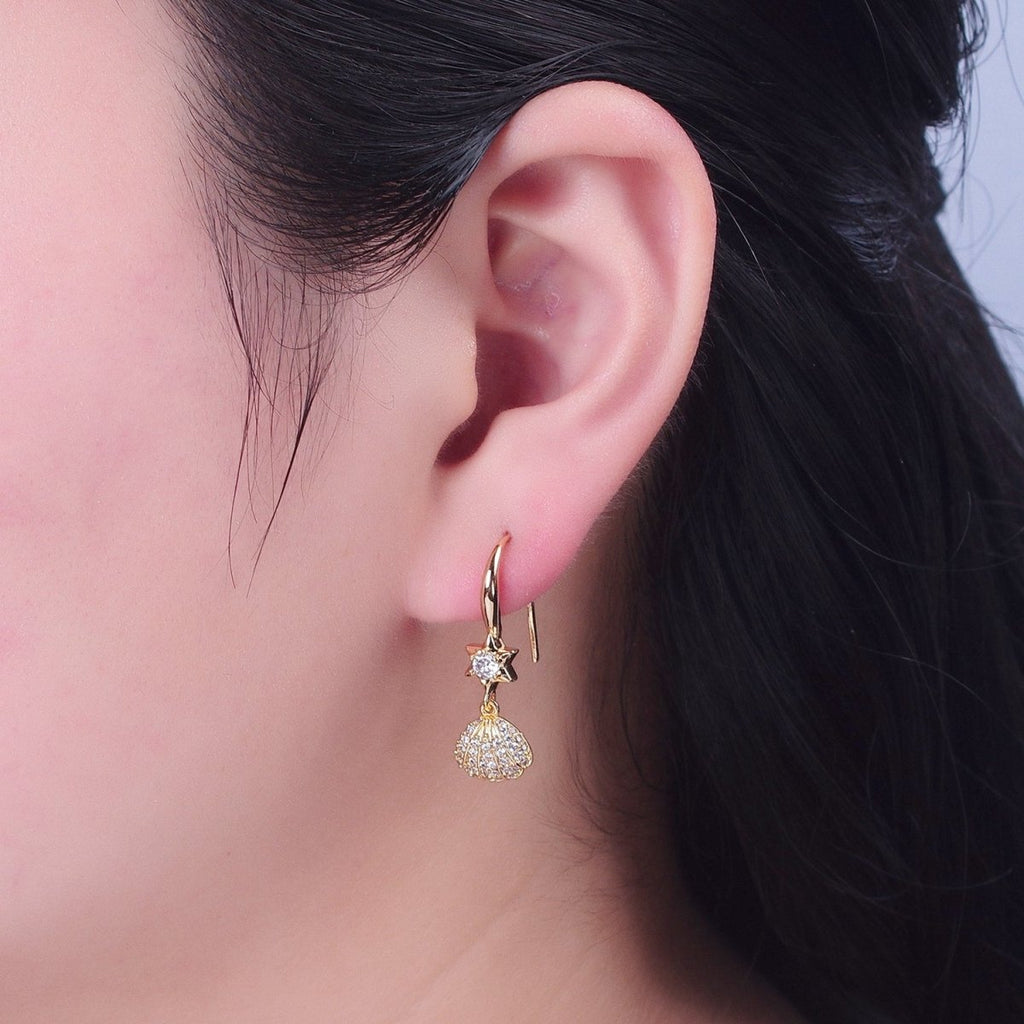 24K Gold plated Clear Micro Pave Seashell Clam Charm Dangle Star Cubic Zirconia French Hook Earrings P-404 - DLUXCA