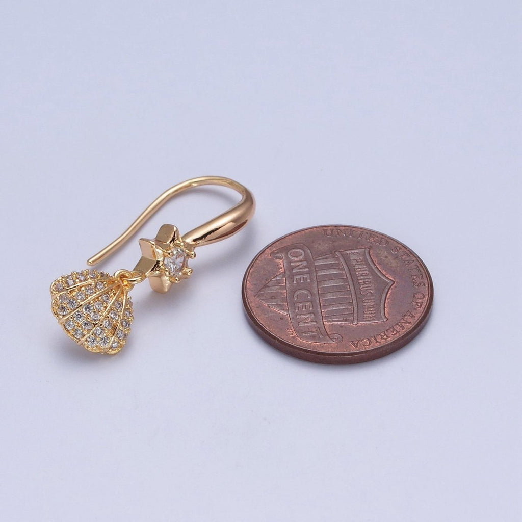 24K Gold plated Clear Micro Pave Seashell Clam Charm Dangle Star Cubic Zirconia French Hook Earrings P-404 - DLUXCA