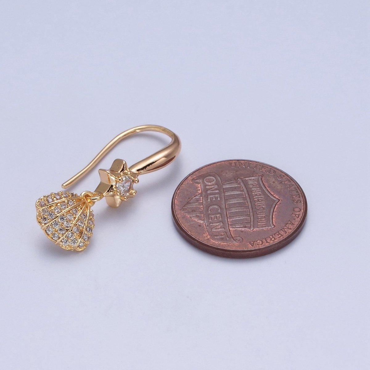 24K Gold plated Clear Micro Pave Seashell Clam Charm Dangle Star Cubic Zirconia French Hook Earrings P-404 - DLUXCA