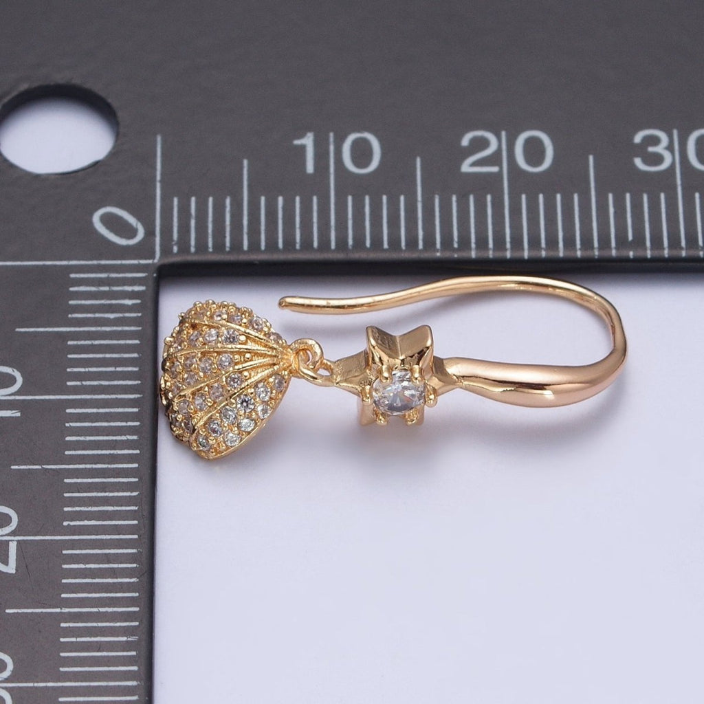 24K Gold plated Clear Micro Pave Seashell Clam Charm Dangle Star Cubic Zirconia French Hook Earrings P-404 - DLUXCA