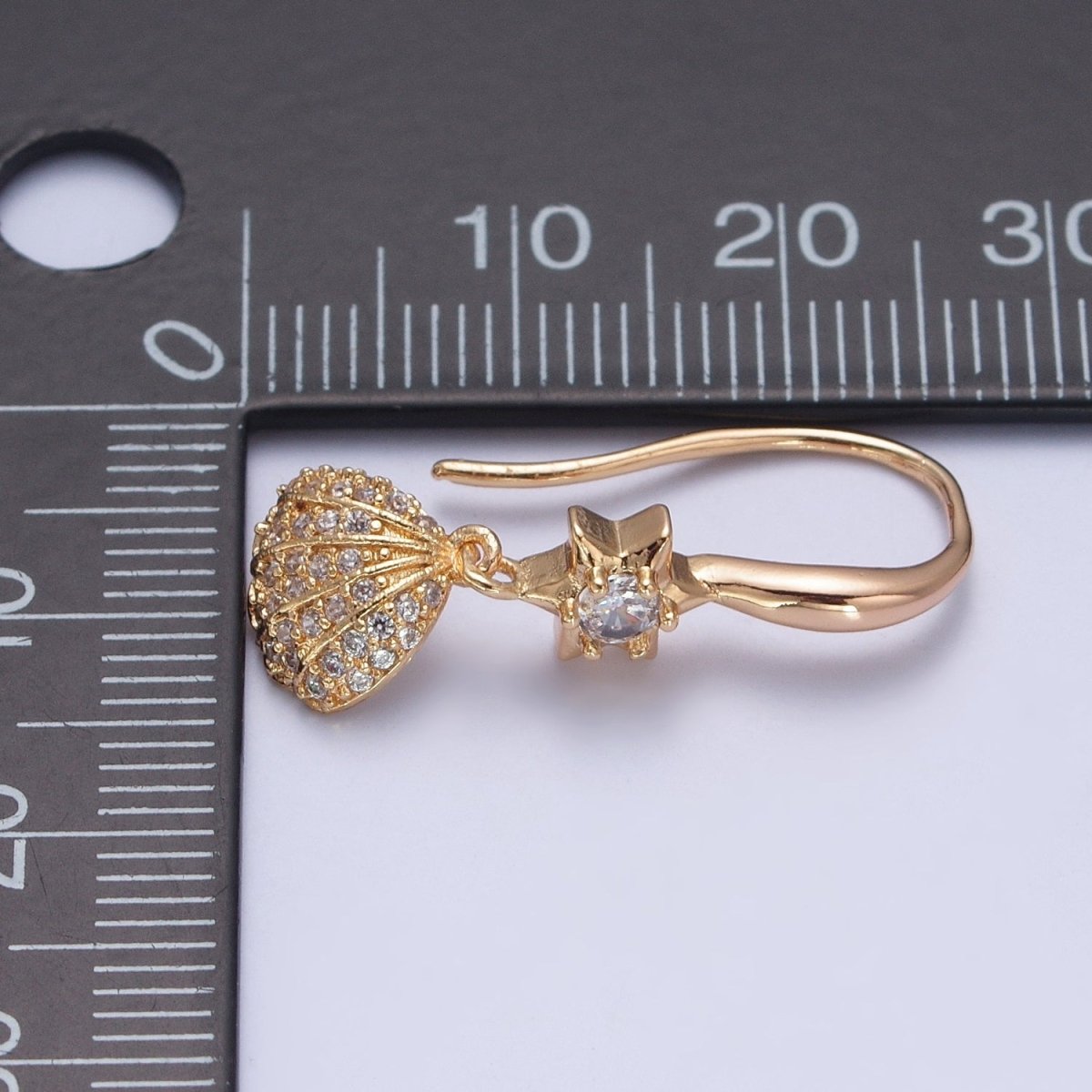 24K Gold plated Clear Micro Pave Seashell Clam Charm Dangle Star Cubic Zirconia French Hook Earrings P-404 - DLUXCA