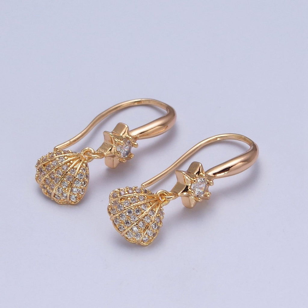 24K Gold plated Clear Micro Pave Seashell Clam Charm Dangle Star Cubic Zirconia French Hook Earrings P-404 - DLUXCA