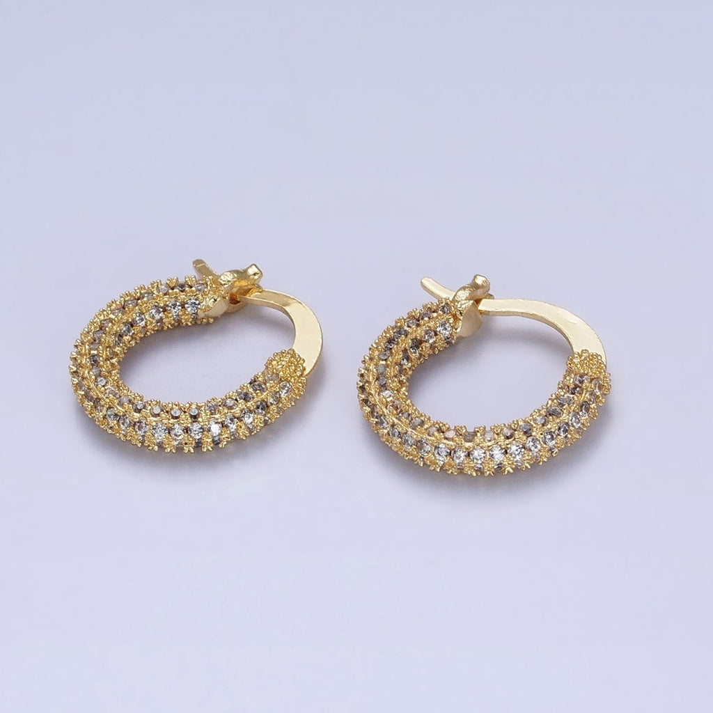 24K Gold plated Clear Micro Paved CZ 15.5mm Hoop Latch Earrings | AB383 - DLUXCA