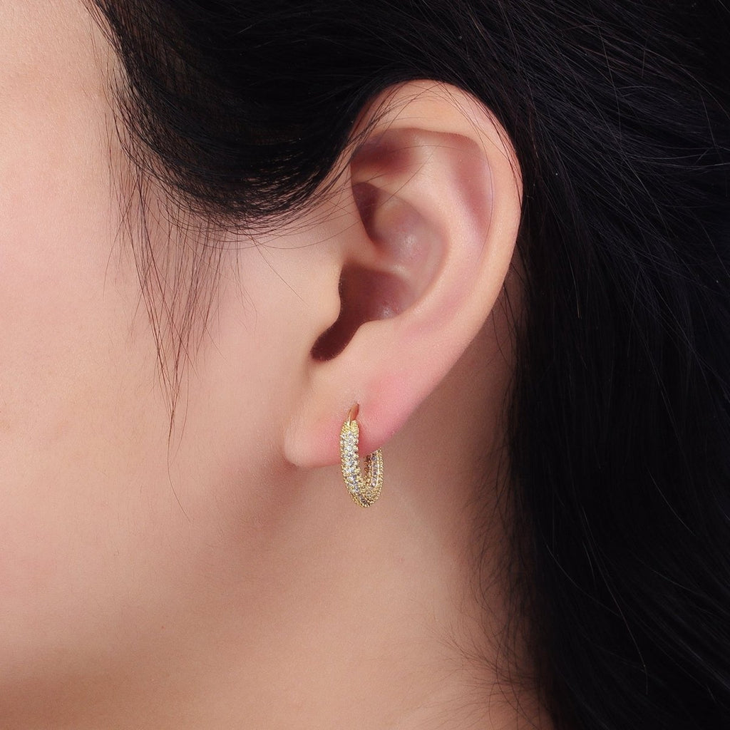 24K Gold plated Clear Micro Paved CZ 15.5mm Hoop Latch Earrings | AB383 - DLUXCA
