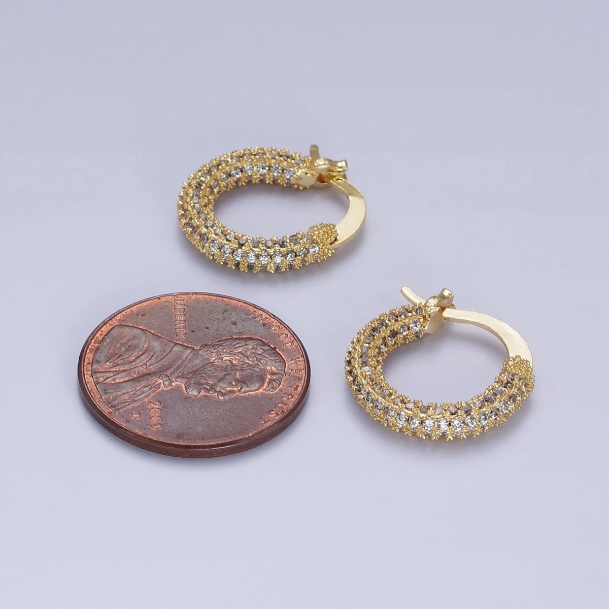 24K Gold plated Clear Micro Paved CZ 15.5mm Hoop Latch Earrings | AB383 - DLUXCA