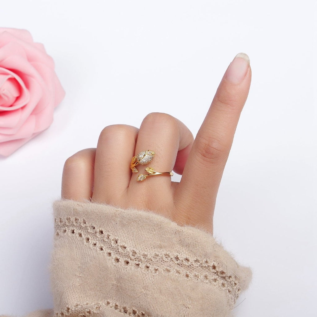 24K Gold plated Clear Micro Paved CZ Rose Flower Adjustable Ring | Y-568 - DLUXCA