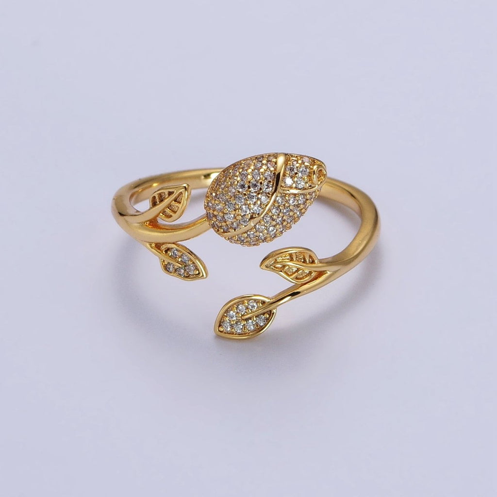 24K Gold plated Clear Micro Paved CZ Rose Flower Adjustable Ring | Y-568 - DLUXCA