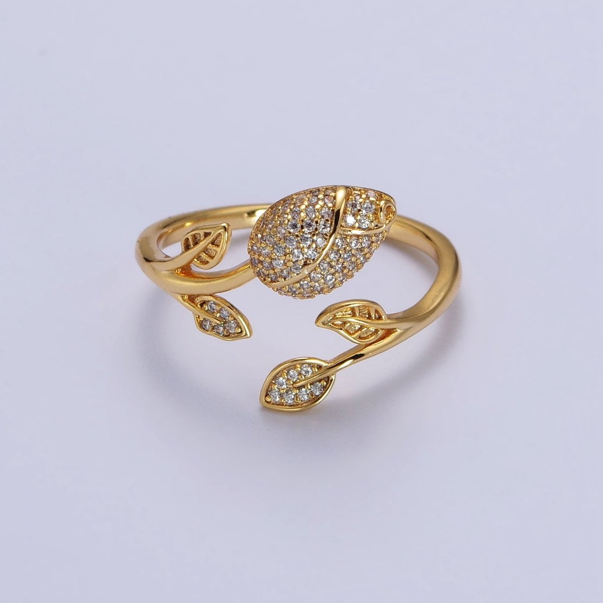 24K Gold plated Clear Micro Paved CZ Rose Flower Adjustable Ring | Y-568 - DLUXCA