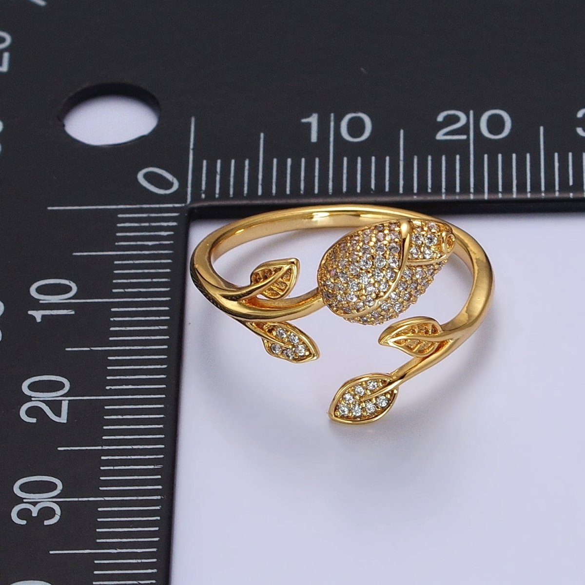 24K Gold plated Clear Micro Paved CZ Rose Flower Adjustable Ring | Y-568 - DLUXCA