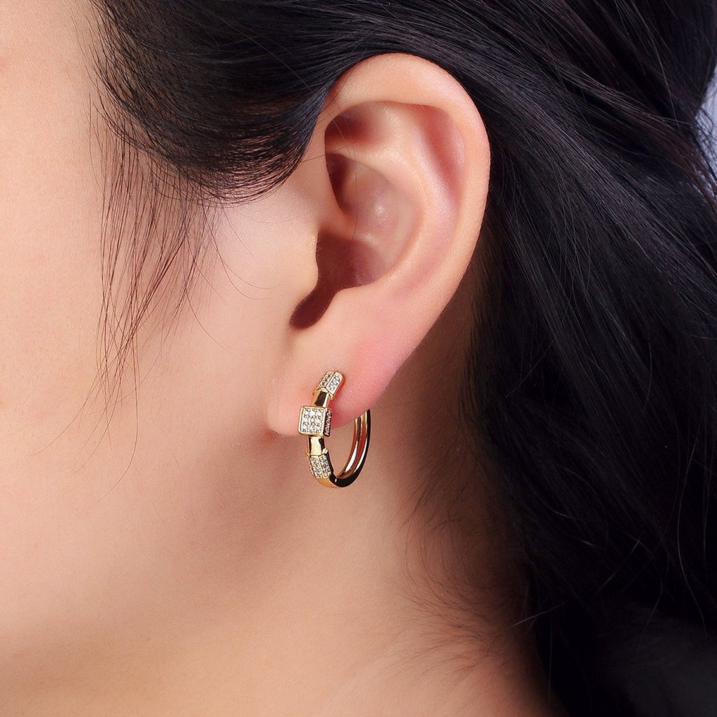 24K Gold plated Clear Micro Paved Geometric Square Edged Bar 20mm Hoop Earrings | AB311 - DLUXCA