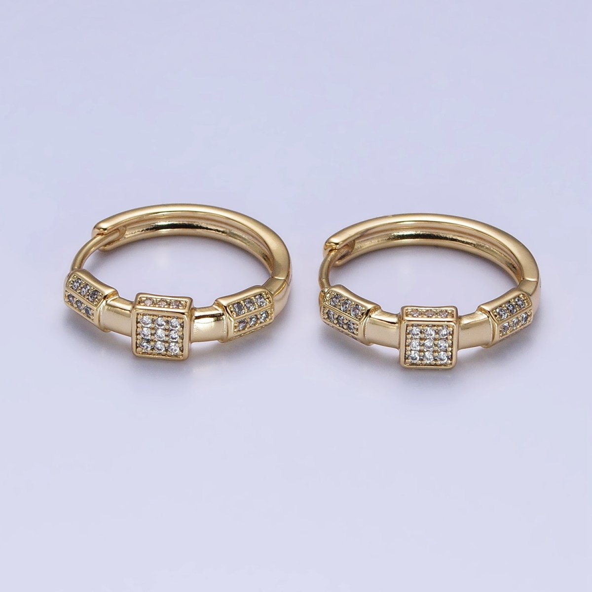24K Gold plated Clear Micro Paved Geometric Square Edged Bar 20mm Hoop Earrings | AB311 - DLUXCA