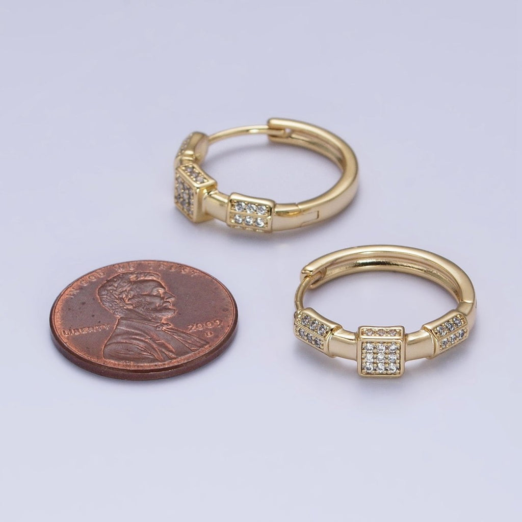 24K Gold plated Clear Micro Paved Geometric Square Edged Bar 20mm Hoop Earrings | AB311 - DLUXCA