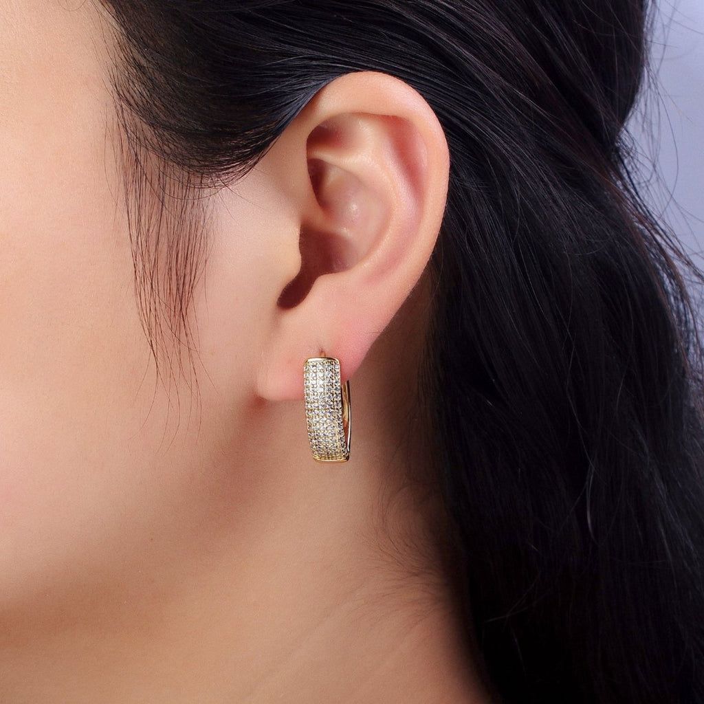 24K Gold plated Clear Micro Paved Heart Lined English Lock Earrings | AB310 - DLUXCA