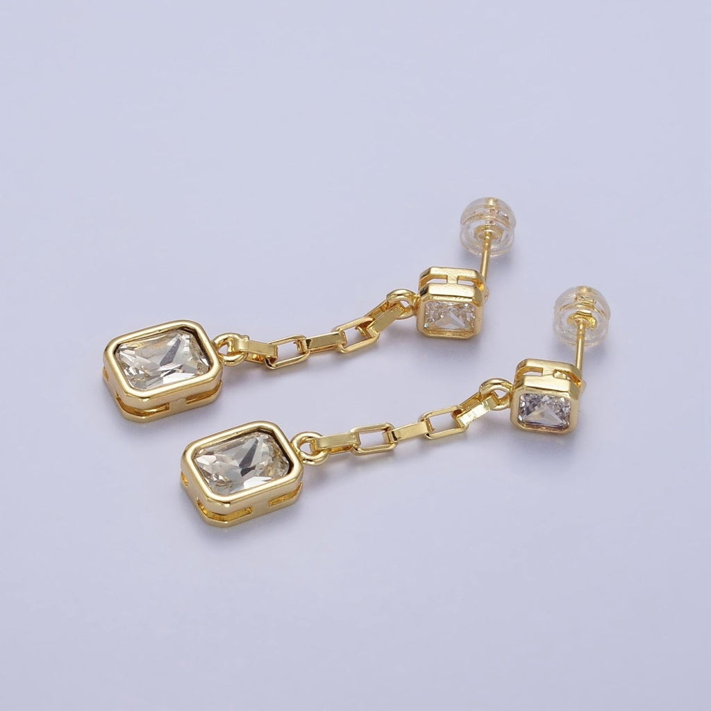 24K Gold plated Clear, Multicolor Baguette CZ Drop Dangle Stud Earrings in Gold & Silver | AB615 - AB618