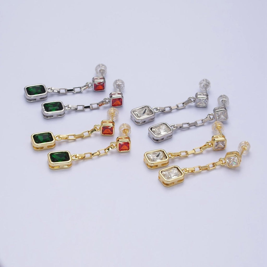 24K Gold plated Clear, Multicolor Baguette CZ Drop Dangle Stud Earrings in Gold & Silver | AB615 - AB618
