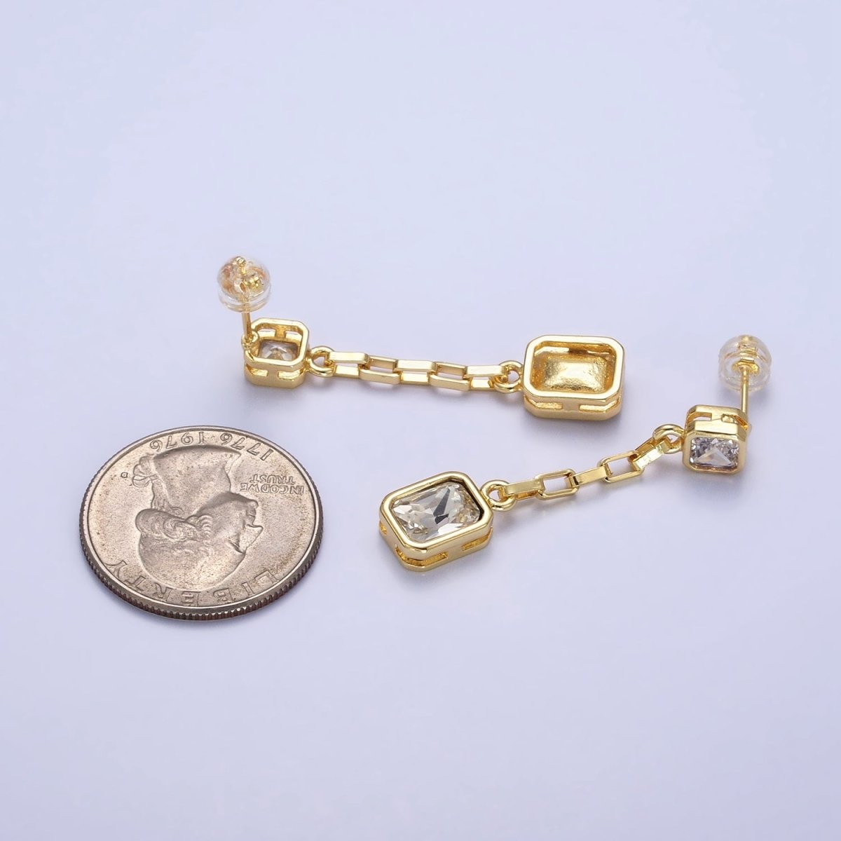 24K Gold plated Clear, Multicolor Baguette CZ Drop Dangle Stud Earrings in Gold & Silver | AB615 - AB618