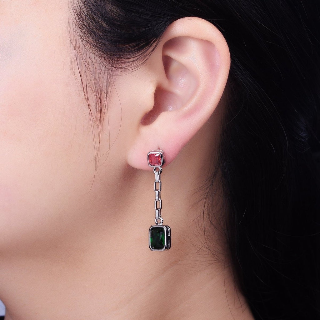 24K Gold plated Clear, Multicolor Baguette CZ Drop Dangle Stud Earrings in Gold & Silver | AB615 - AB618