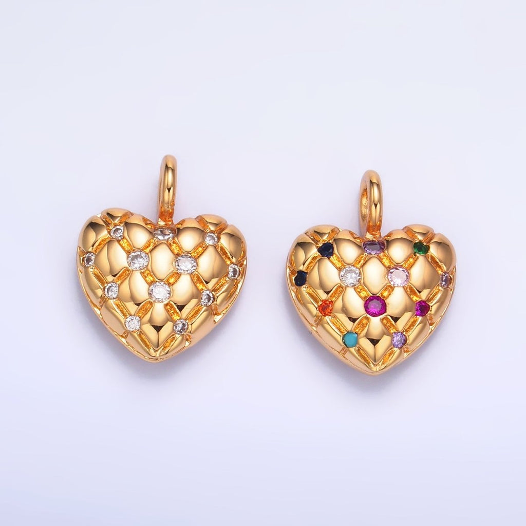 24K Gold plated Clear, Multicolor CZ Quilted Heart Charm | W262 W263 - DLUXCA