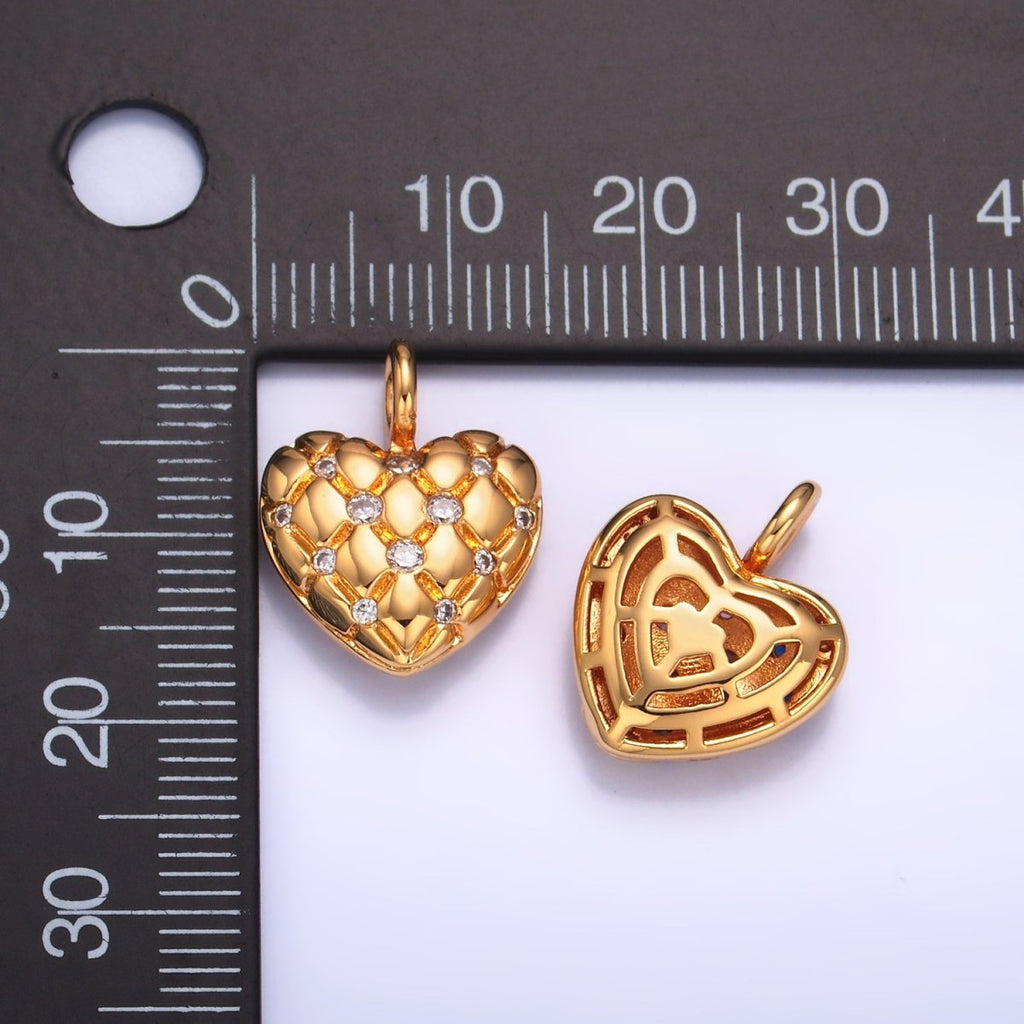 24K Gold plated Clear, Multicolor CZ Quilted Heart Charm | W262 W263 - DLUXCA