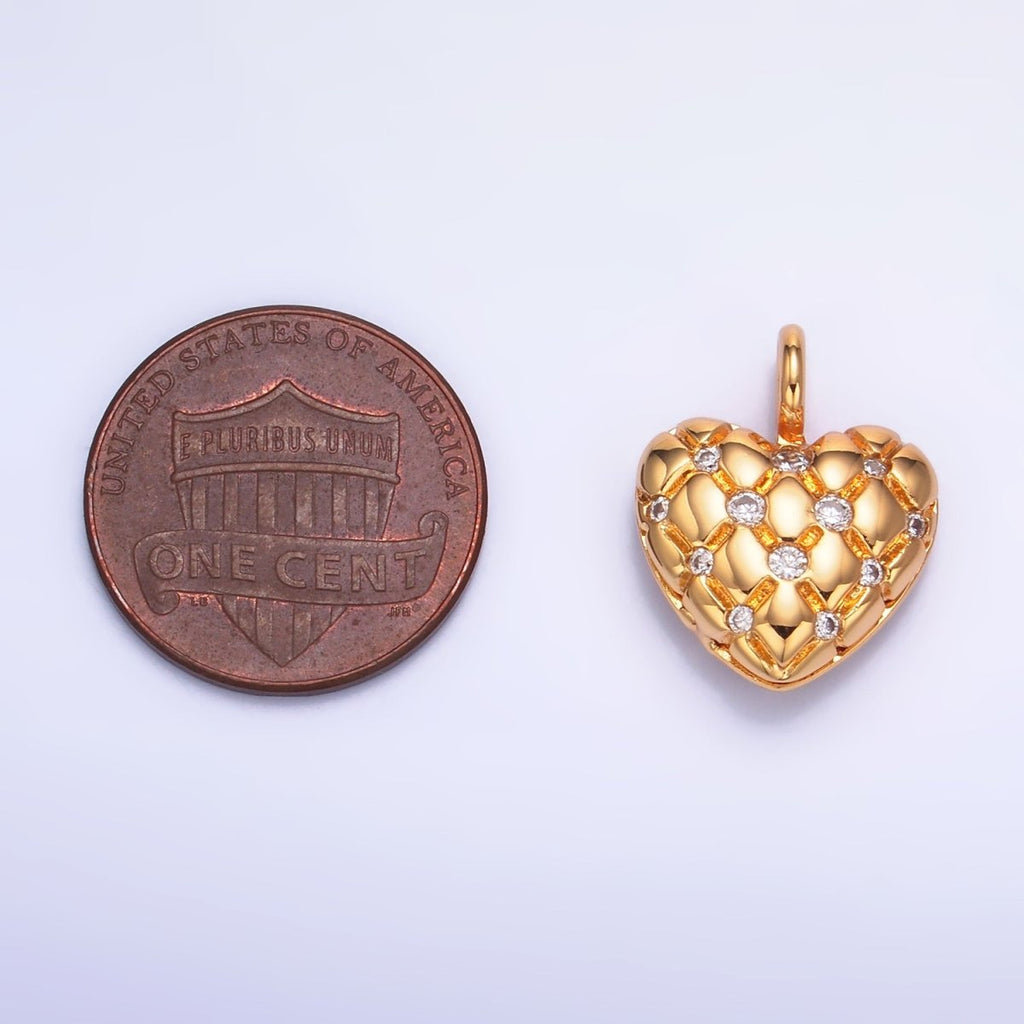 24K Gold plated Clear, Multicolor CZ Quilted Heart Charm | W262 W263 - DLUXCA