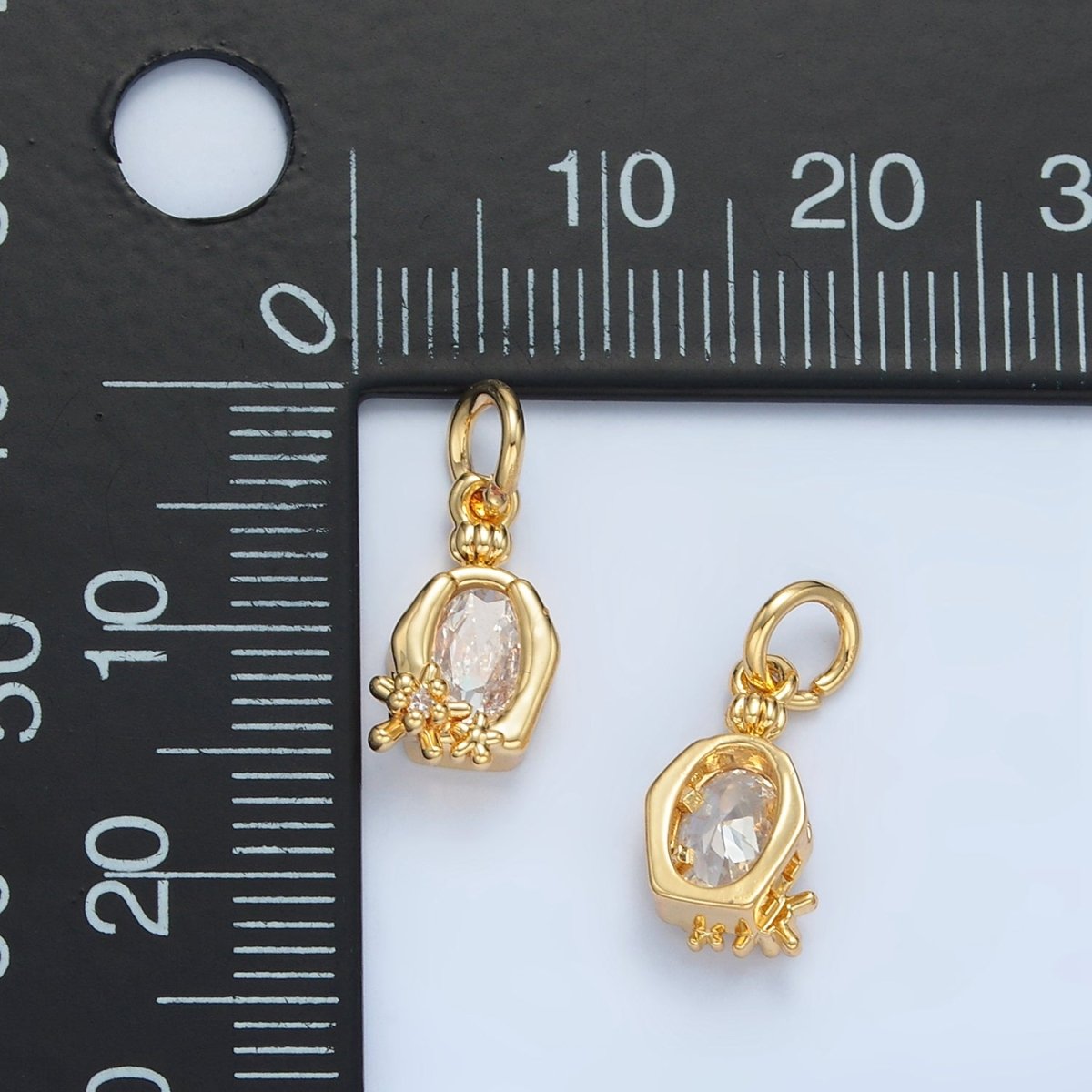 24K Gold plated Clear Oval CZ Hexagonal Bezel Flower Charm | X300 - DLUXCA