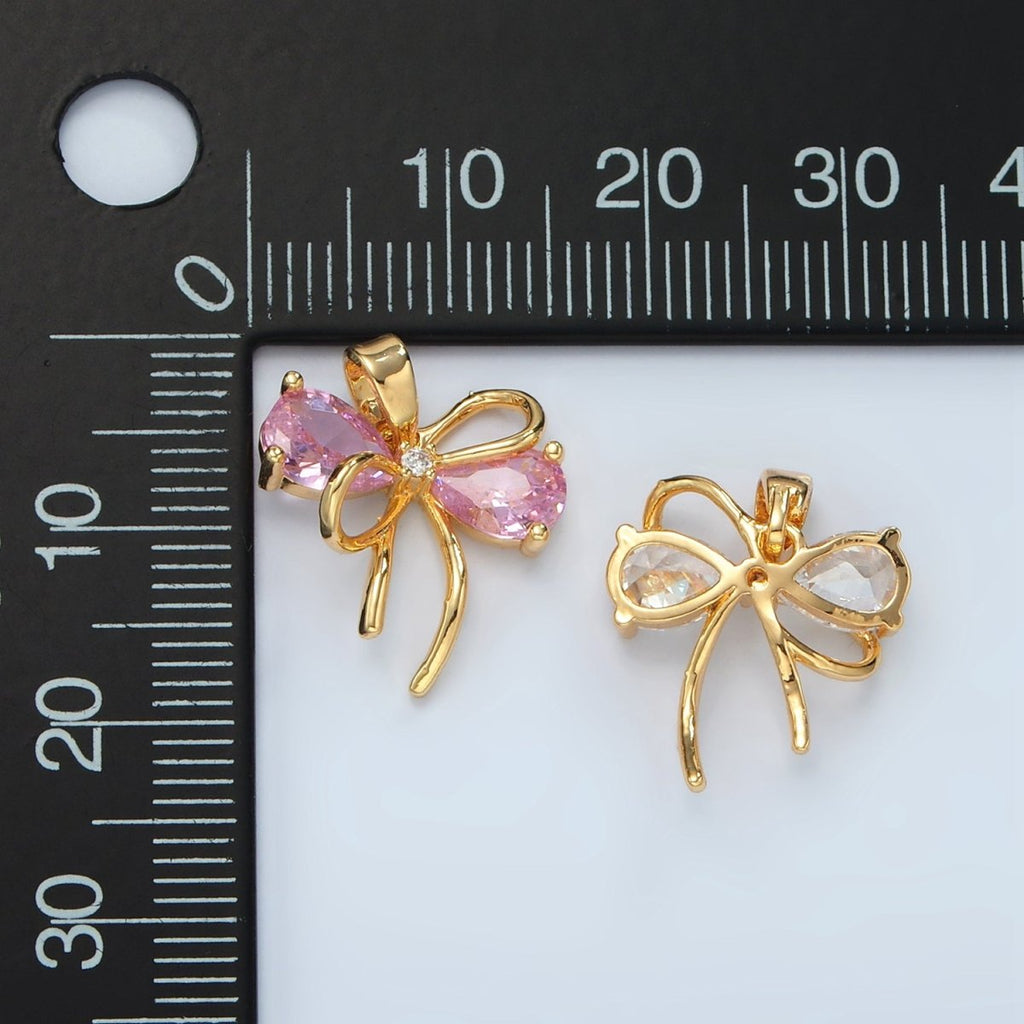 24K Gold plated Clear, Pink CZ Bow Ribbon Pendant | H859 - DLUXCA