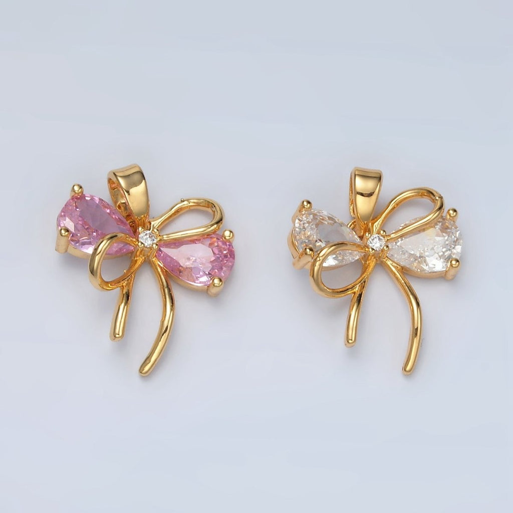 24K Gold plated Clear, Pink CZ Bow Ribbon Pendant | H859 - DLUXCA