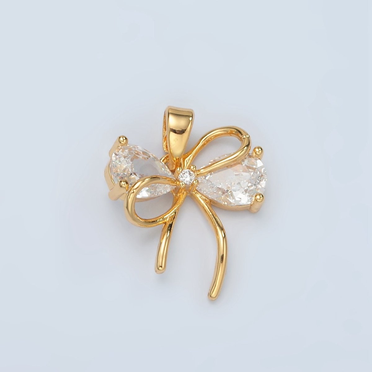 24K Gold plated Clear, Pink CZ Bow Ribbon Pendant | H859 - DLUXCA