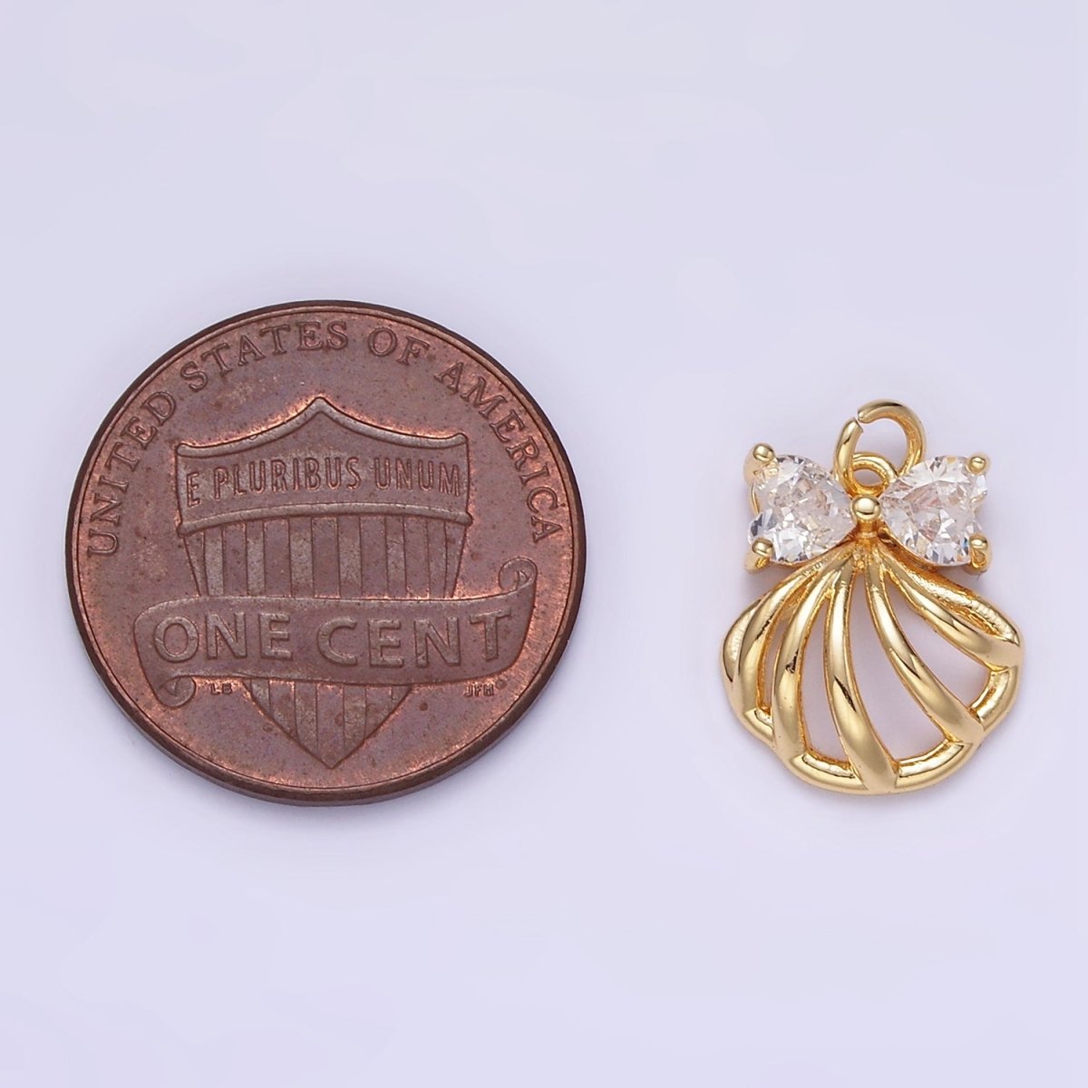 24K Gold plated Clear, Pink CZ Heart Bow Clam Sea Shell Open Charm | AG851 - DLUXCA
