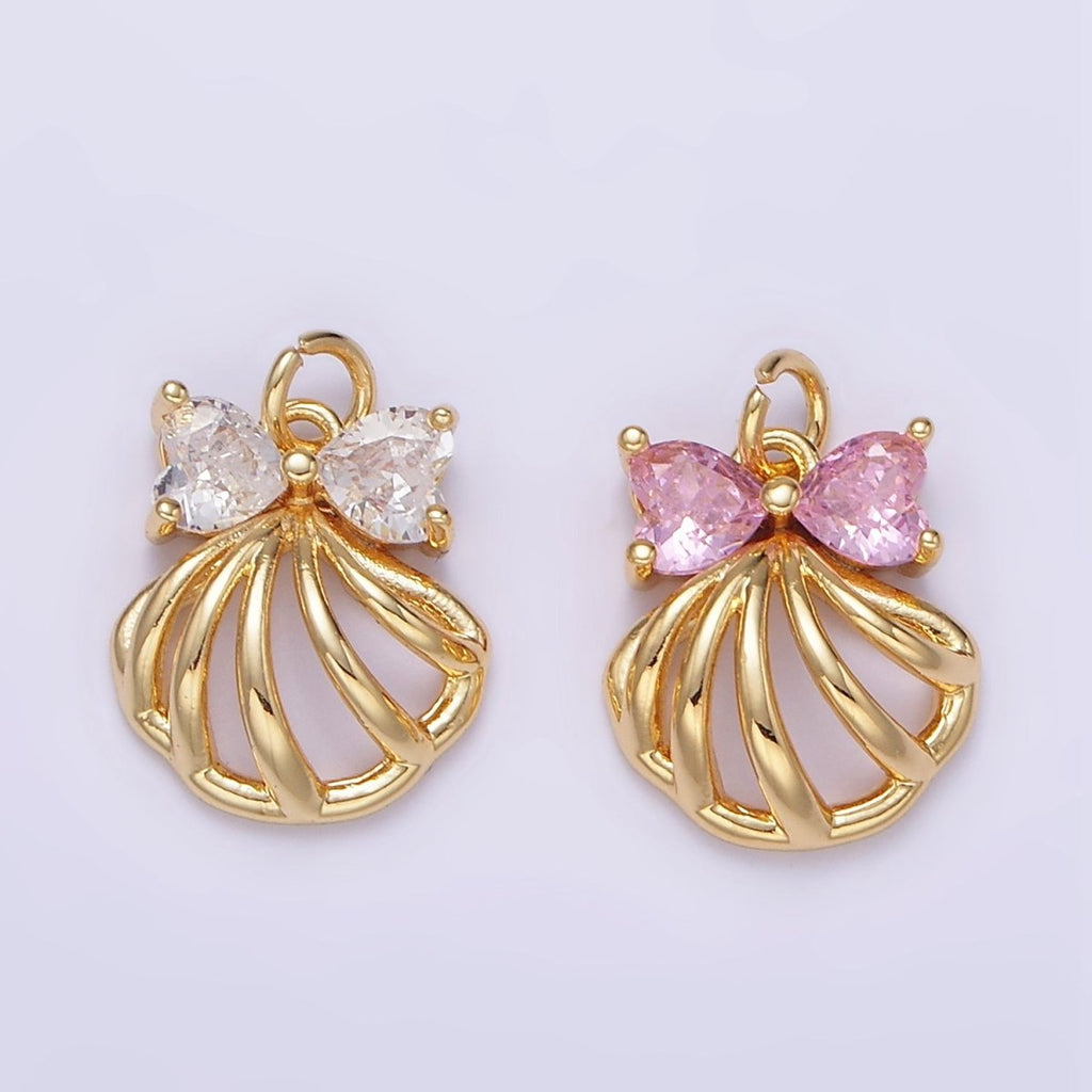 24K Gold plated Clear, Pink CZ Heart Bow Clam Sea Shell Open Charm | AG851 - DLUXCA