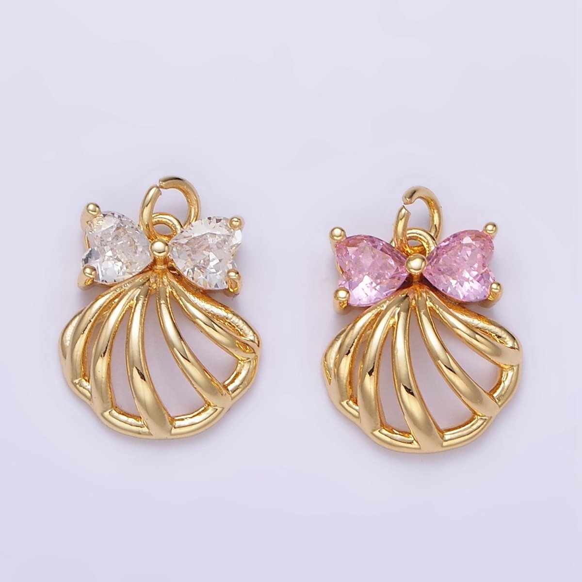 24K Gold plated Clear, Pink CZ Heart Bow Clam Sea Shell Open Charm | AG851 - DLUXCA