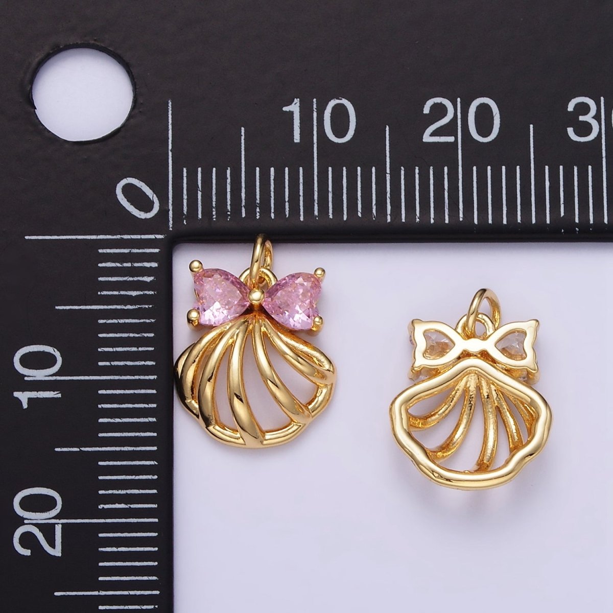 24K Gold plated Clear, Pink CZ Heart Bow Clam Sea Shell Open Charm | AG851 - DLUXCA