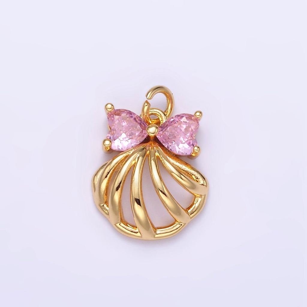 24K Gold plated Clear, Pink CZ Heart Bow Clam Sea Shell Open Charm | AG851 - DLUXCA