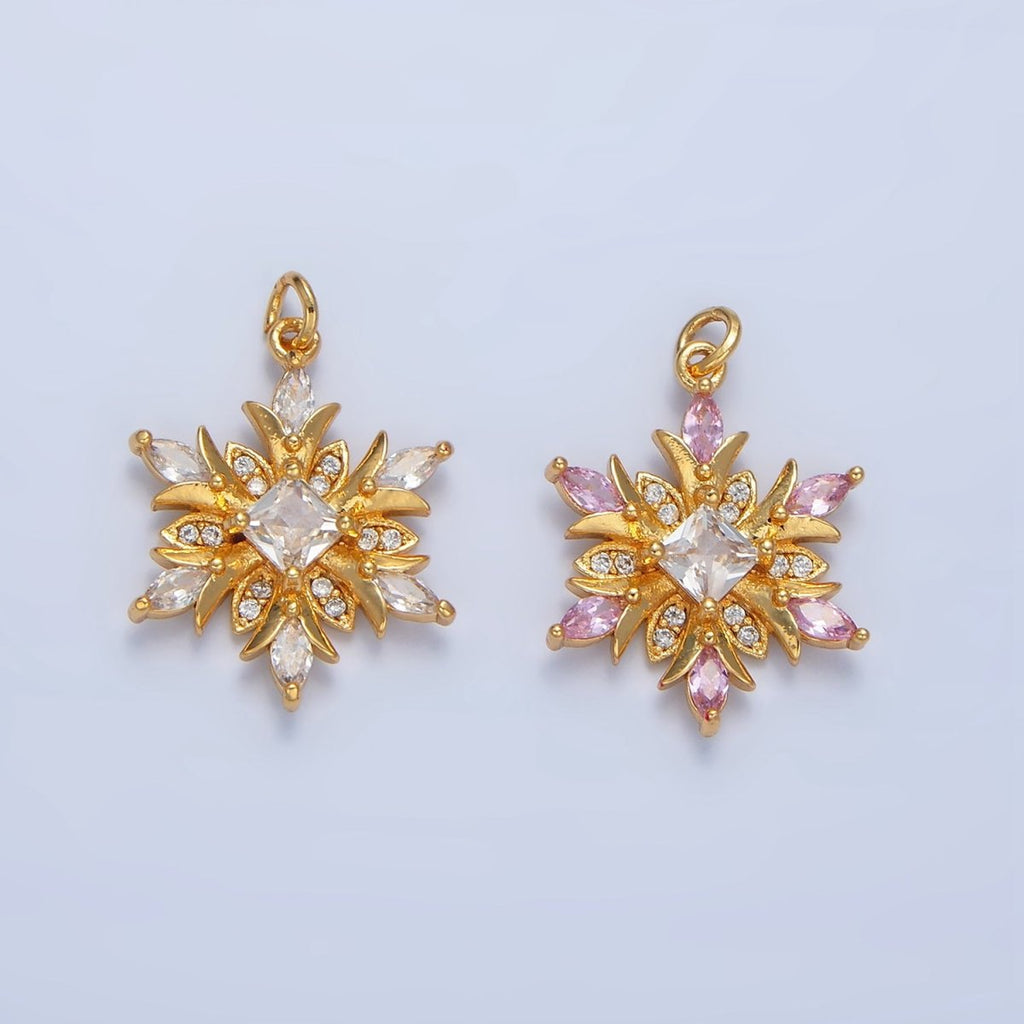 24K Gold plated Clear, Pink CZ Micro Paved Flower Charm | W081