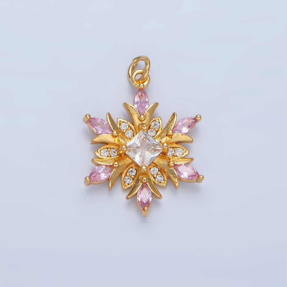 24K Gold plated Clear, Pink CZ Micro Paved Flower Charm | W081