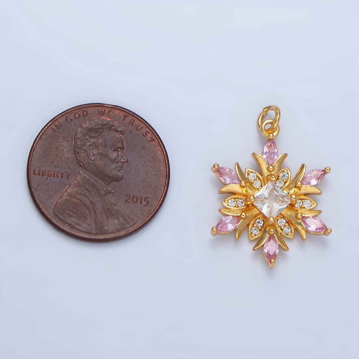 24K Gold plated Clear, Pink CZ Micro Paved Flower Charm | W081