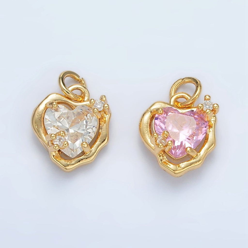 24K Gold plated Clear, Pink CZ Molten Bezel Heart Mini Charm | AC129