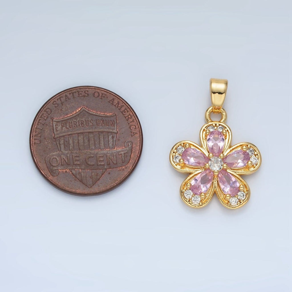 24K Gold plated Clear, Pink, Yellow CZ Flower Pendant | AA877 AA878 - DLUXCA