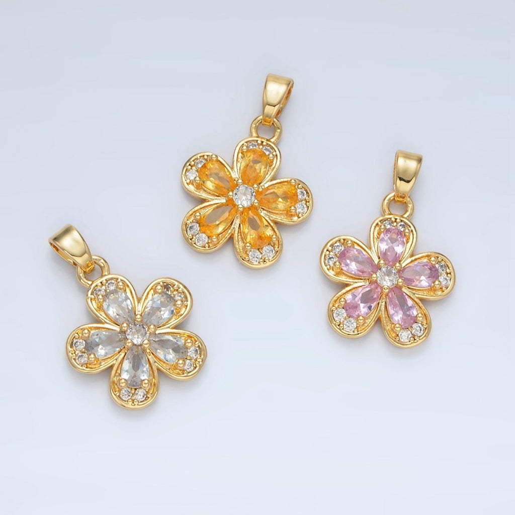24K Gold plated Clear, Pink, Yellow CZ Flower Pendant | AA877 AA878 - DLUXCA