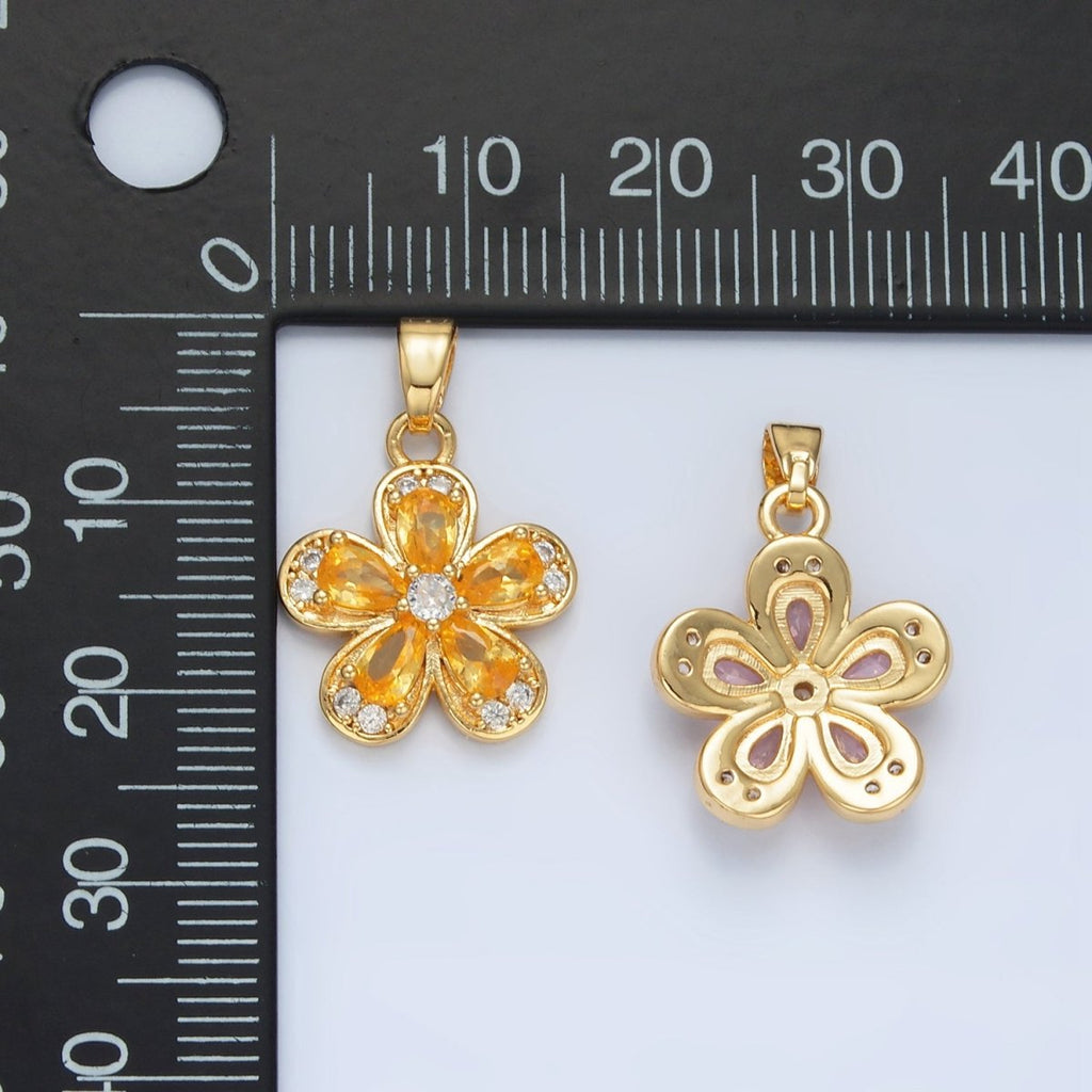 24K Gold plated Clear, Pink, Yellow CZ Flower Pendant | AA877 AA878 - DLUXCA