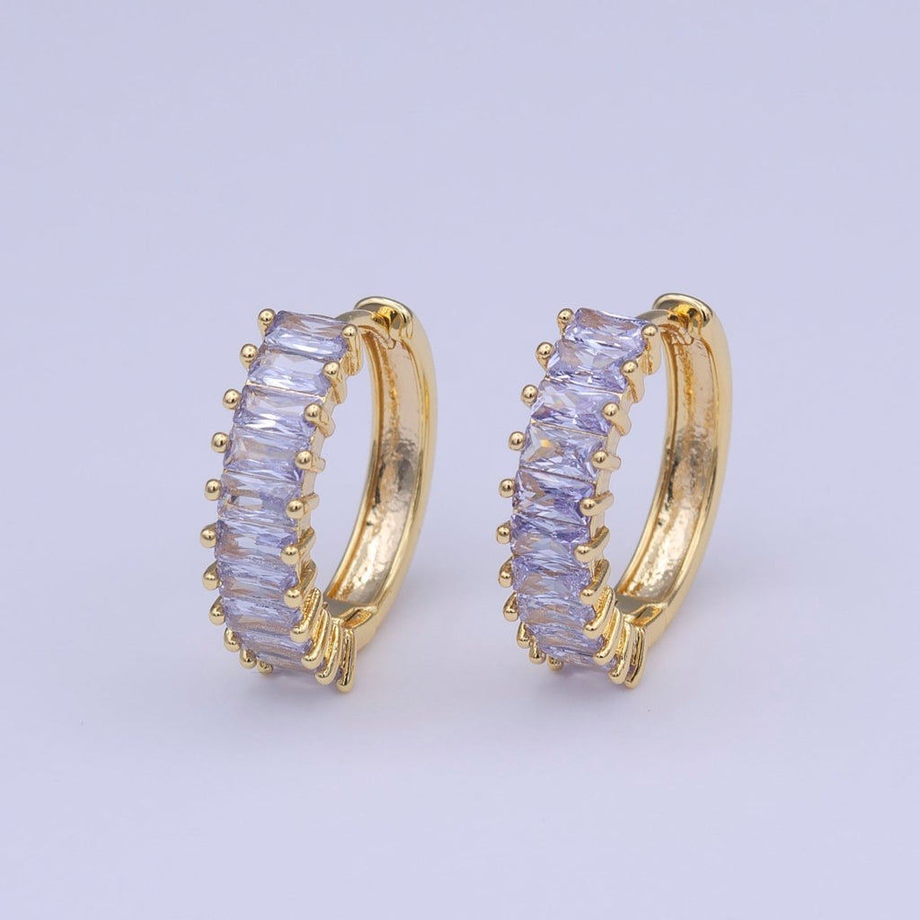 24K Gold plated Clear Purple Baguette Lined 18.5mm Huggie Hoop Earrings | Y-216 - DLUXCA