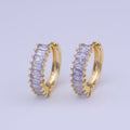 24K Gold plated Clear Purple Baguette Lined 18.5mm Huggie Hoop Earrings | Y-216 - DLUXCA